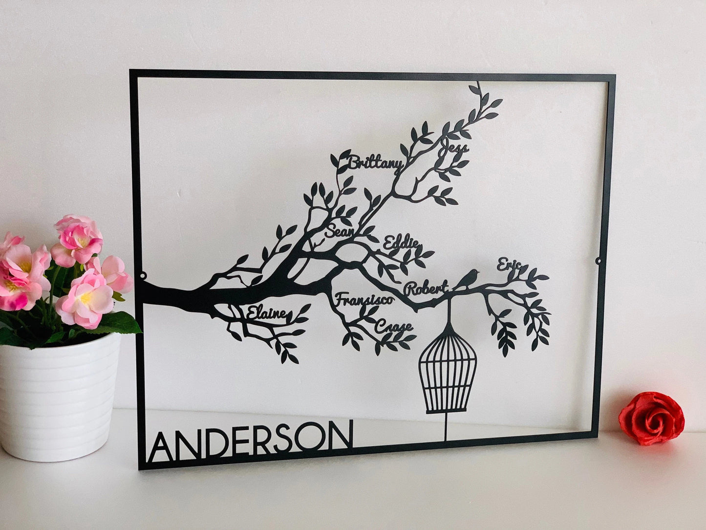 Personalized Family Names Tree Life Custom Family Metal Signs Tree Branch With Birdcage Housewarming Wedding Gift Wall Art Decor Anniversary Laser Cut Metal Signs Custom Gift Ideas