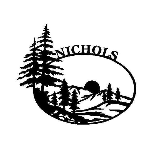 Large Metal Mountain Scene Last Name Sign 30 Inch Rustic Metal Decor - 8 inches - metal sign