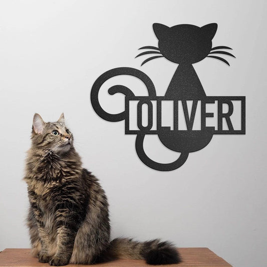 Personalized Cat Metal Wall Art, Cat Signs With Name, Curly Tailed Cat Sitting, House Decor, Gift For Cat - metal sign