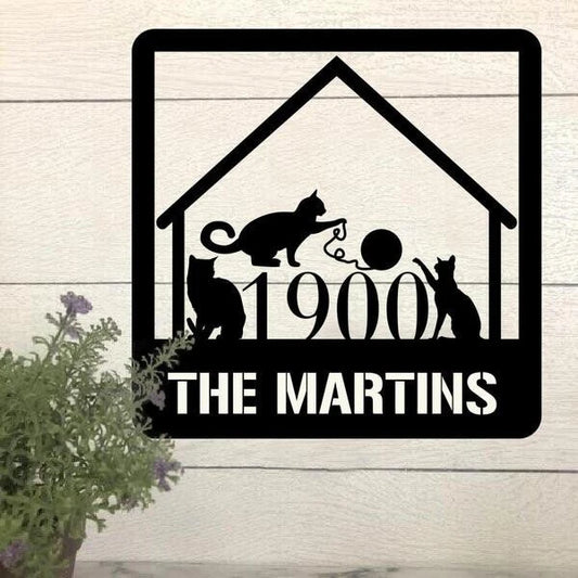 Three Cats Personalized Metal House Sign Cut Metal Sign - 8 inches - metal sign