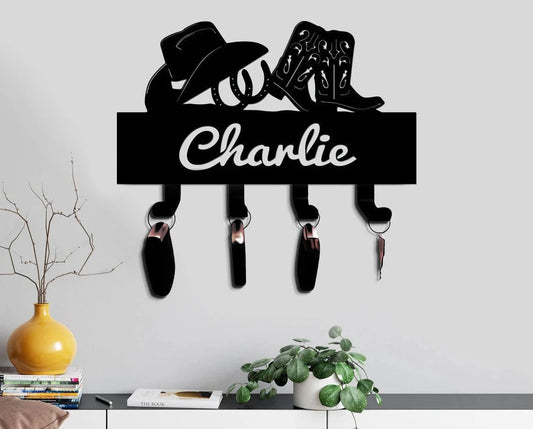 Personalized Cowboy Keychain Holder Metal Signs, Cowgirl Metal Sign, Custom Text, Hat And Boots Metal - metal sign