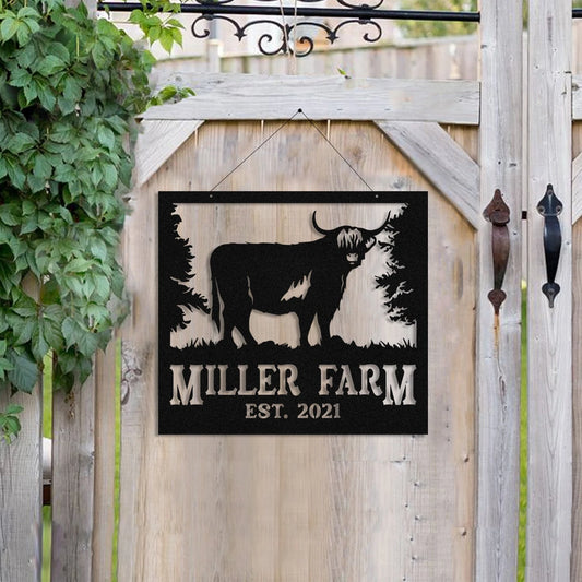 Personalized Metal Farm Sign Highland Cow Monogram, Custom Outdoor Farmhouse, Metal Laser Cut Metal Signs Custom Gift Ideas - 8 inches - metal sign