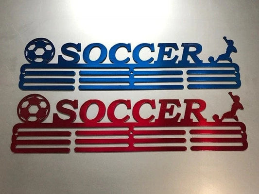 Soccer Medal Hanger Holder Display Rack Male 3 Rung Cut Metal Sign - 8 inches - metal sign