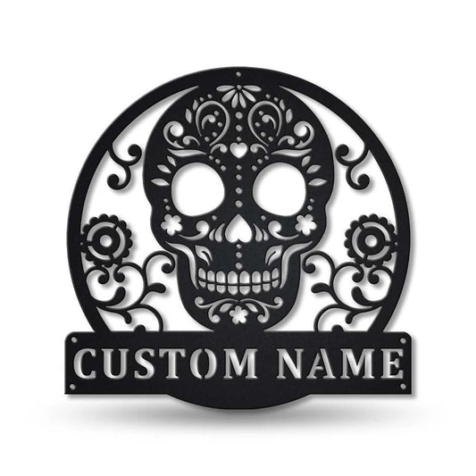 Personalized Sugar Skull Metal Sign Art, Custom Sugar Skull Monogram Metal Sign, Sugar Skull Gifts Funny - metal sign