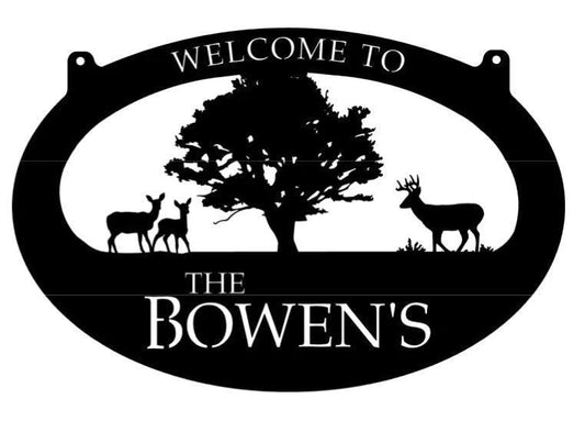 Metal Sign With Deer ; Fawns Buck Doe Tree Scene With Your Name Metal House Sign - 8 inches - metal sign