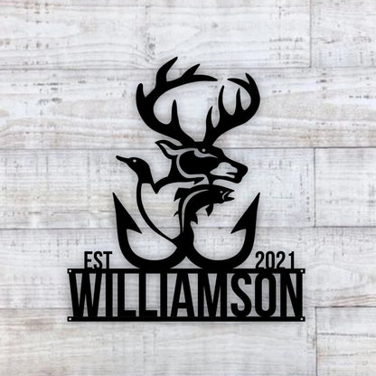 Deer Name Sign, Fish Name Sign, Metal Deer Duck And Fish Sign, Personalized Family Name Deer Metal Sign, Christmas Gift For Him, Hunter Gift Laser Cut Metal Signs Custom Gift Ideas