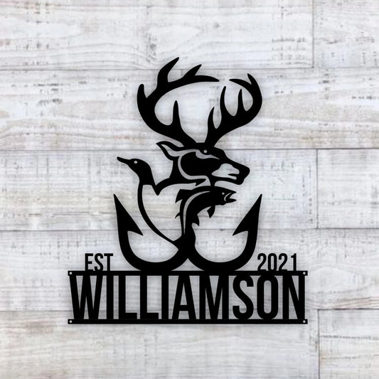 Deer Name Sign, Fish Name Sign, Metal Deer Duck And Fish Sign, Personalized Family Name Deer Metal Sign - metal sign