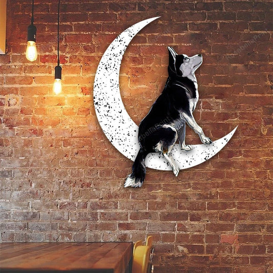 Dog Metal Sign Black Siberian Husky Sit On The Moon Gift for Dog Lover - 8 inches - metal sign