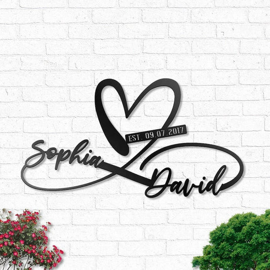 Custom Name And Date Personalized Heart And Infinity Name Sign Decoration For Living Room Wedding - 8 inches - metal sign