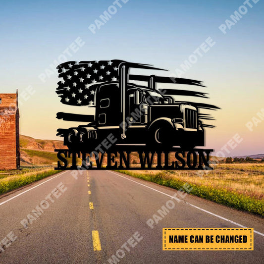 Custom Truck And American Flag Metal Sign, Gift For, Husband, Gift For Him, Metal Laser Cut Metal Signs Custom Gift Ideas - 8 inches - metal sign
