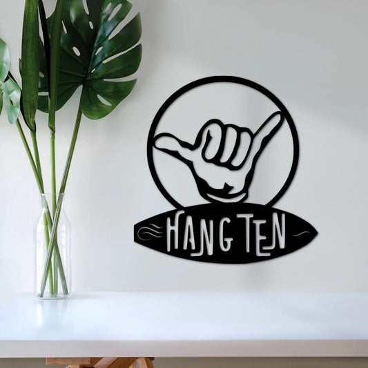 Hang Ten Sign Surf Art Surfing Decor Gifts For Surfer Hawaiian Decor Ocean Gift For Him Or Her - 8 inches - metal sign