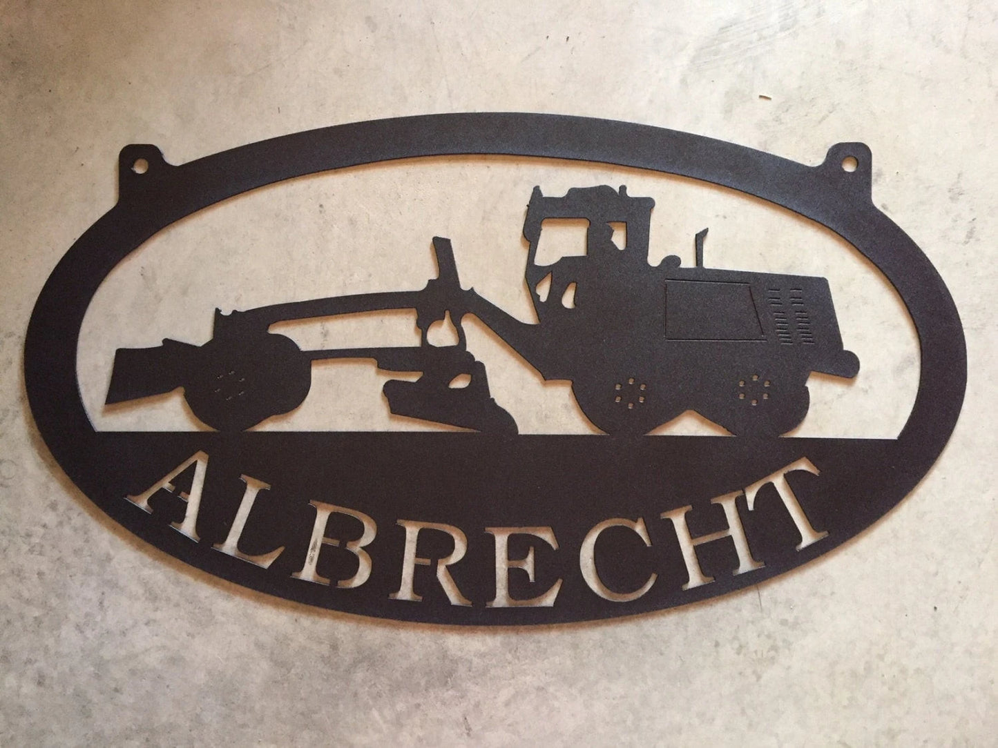 Metal Roadgrader Sign With Albrecht In Black Finish Metal House Sign