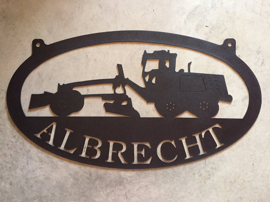 Metal Roadgrader Sign With Albrecht In Black Finish Metal House Sign - 8 inches - metal sign