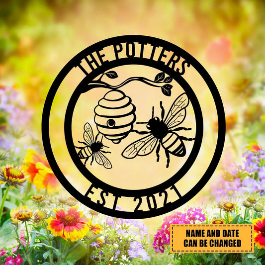 Personalized Name And Date Bee Hive Metal Sign, Beekeeper Gift, Metal Laser Cut Metal Signs Custom Gift Ideas - 8 inches - metal sign