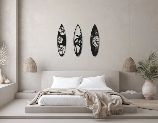 Surf Board Palm Tree Metal Wall Art, 3 Piece Surf Board Wall Decor, Gift For Surfers, Beach House Decor - metal sign
