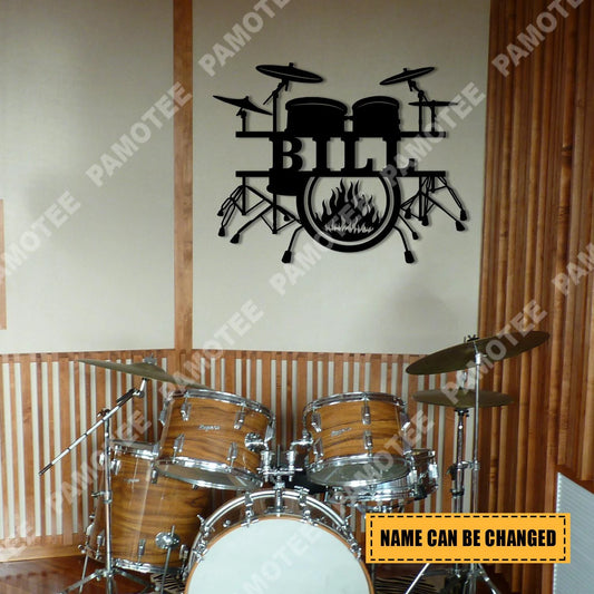 Custom Name Drum And Fire Metal Art, Drummer, Musician Home Decor, Metal Laser Cut Metal Signs Custom Gift Ideas - 8 inches - metal sign