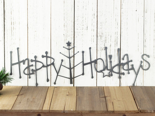 Happy Holidays Metal Sign With Christmas Tree Silver Christmas Tree Outdoor Sign Holiday Decor Christmas - 8 inches - metal sign