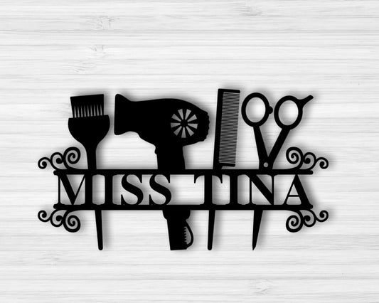 Metal Hair Stylist Sign Personalized Salon Custom Business Decor Custom Metal Sign Booth Hair Stylist Gift Scissors Clippers Comb Name - 8 inches - metal sign
