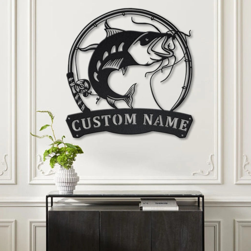 Personalized Catfish Fishing Fish Pole Metal Sign Art, Custom Catfish Fishing Metal Sign, Catfish Fishing Gift, Decor Decoration, Laser Cut Metal Signs Custom Gift Ideas