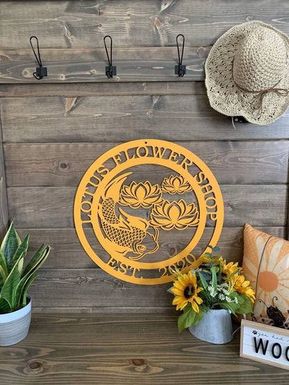 Koi Pond And Lotus Flower Metal Sign, Cut Metal Sign, Metal Wall Art, Metal House Sign Laser Cut Metal Signs Custom Gift Ideas