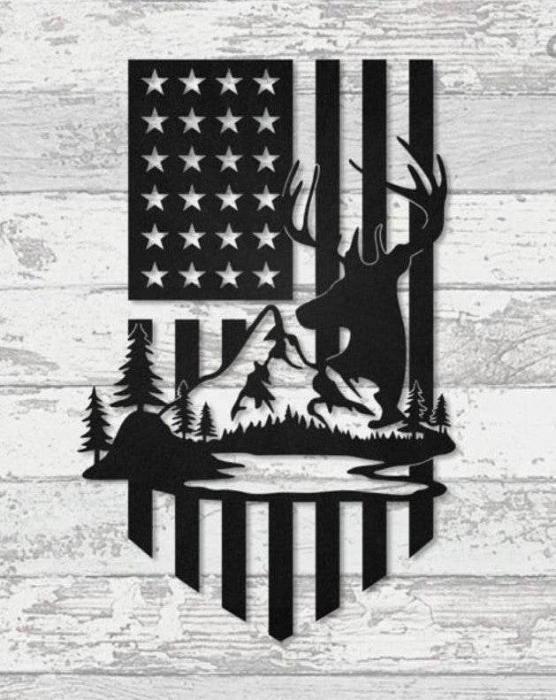 Hunting Deer and mountain American flag Cut Metal Sign Laser Cut Metal Signs Custom Gift Ideas