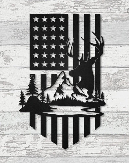 Hunting Deer and mountain American flag Cut Metal Sign Laser Cut Metal Signs Custom Gift Ideas