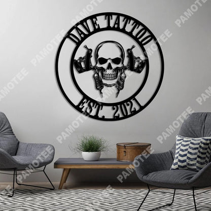 Custom Name And Est Date Skull Tattoo Artist Metal Sign, Steel Wall Hanging, Metal Laser Cut Metal Signs Custom Gift Ideas