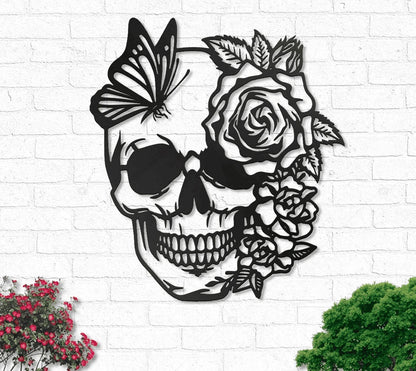 Flower Butterfly Skull Metal House Sign