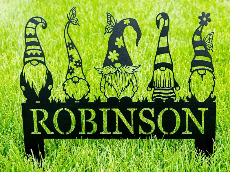 Garden Gnome Yard Stake Custom Family Name Sign Christmas Gnome Stakes Gnome Metal Art Gnome Monogram Yard Decor Outdoor Decor