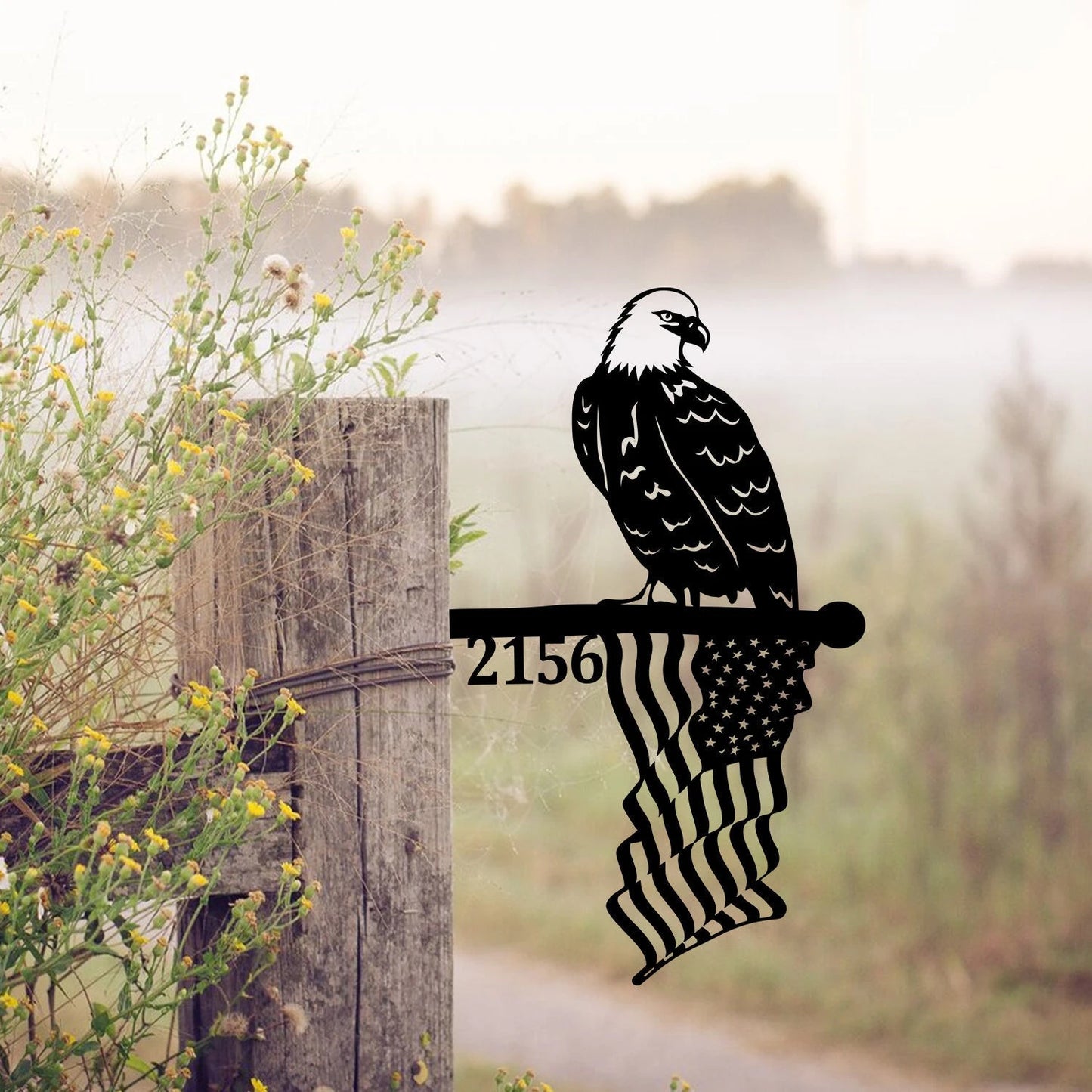Customized Address Number Eagle American Flag Metal Tree Stake, Gift For Dad Laser Cut Metal Signs Custom Gift Ideas