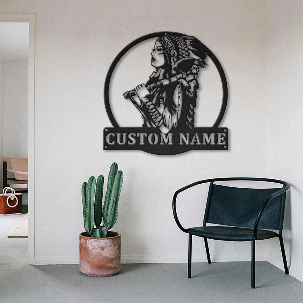 Personalized Native American Warrior Girl Metal Sign Art , Custom Native American Metal Sign , Warrior Girl Sign Decoration For Living Room, Laser Cut Metal Signs Custom Gift Ideas