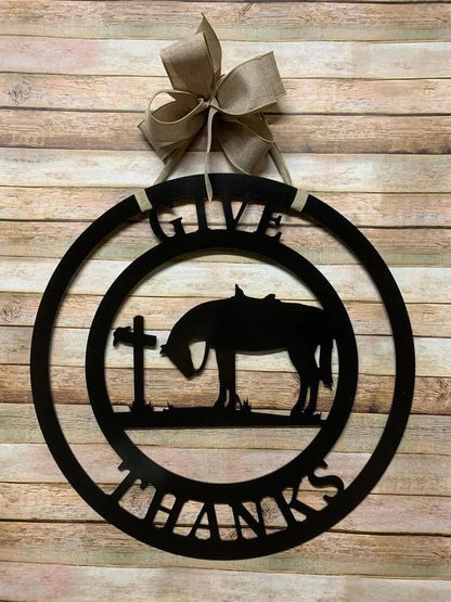 Horse At Cross Personalized Horse Metal Sign, Horseshoe Art, Western Decor, Initial Metal Sign, Housewarming Gift, Farmhouse Decor Metal Wall Art, Metal Laser Cut Metal Signs Custom Gift Ideas