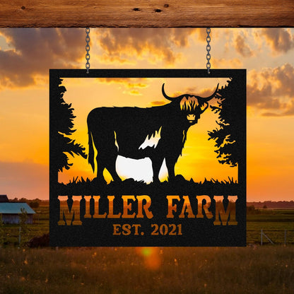 Personalized Metal Farm Sign Highland Cow Monogram, Custom Outdoor Farmhouse, Metal Laser Cut Metal Signs Custom Gift Ideas
