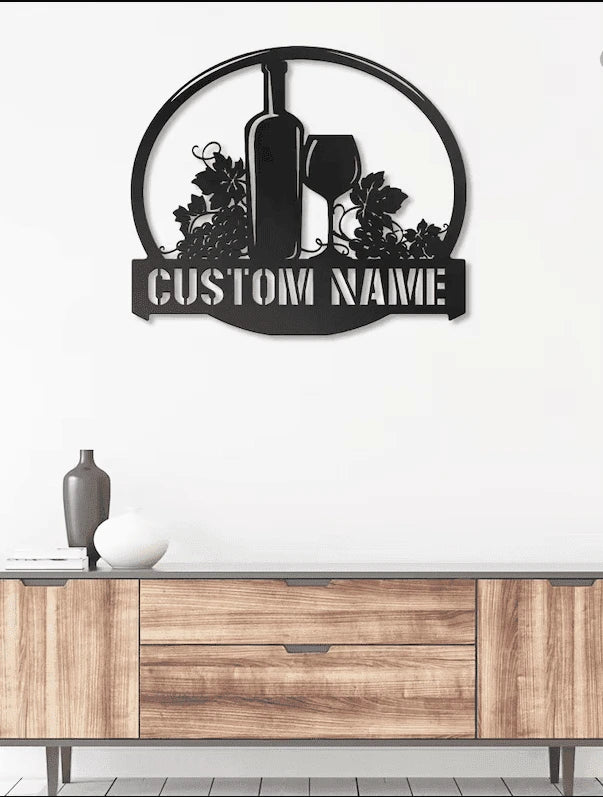 Wine bottle glasses grapes personalized Metal House Sign Laser Cut Metal Signs Custom Gift Ideas