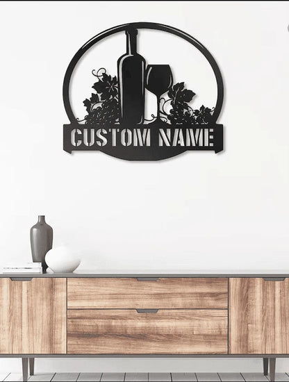 Wine bottle glasses grapes personalized Metal House Sign Laser Cut Metal Signs Custom Gift Ideas