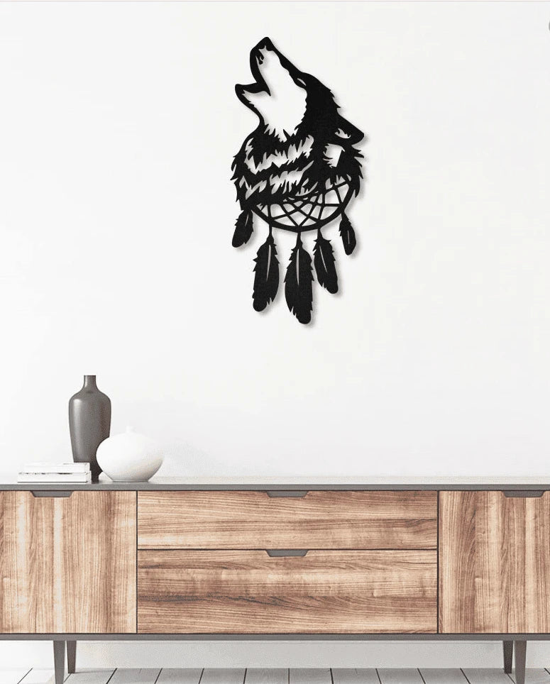 Native Wolf Dream Catcher Feathers Metal House Sign