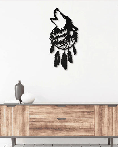 Native Wolf Dream Catcher Feathers Metal House Sign