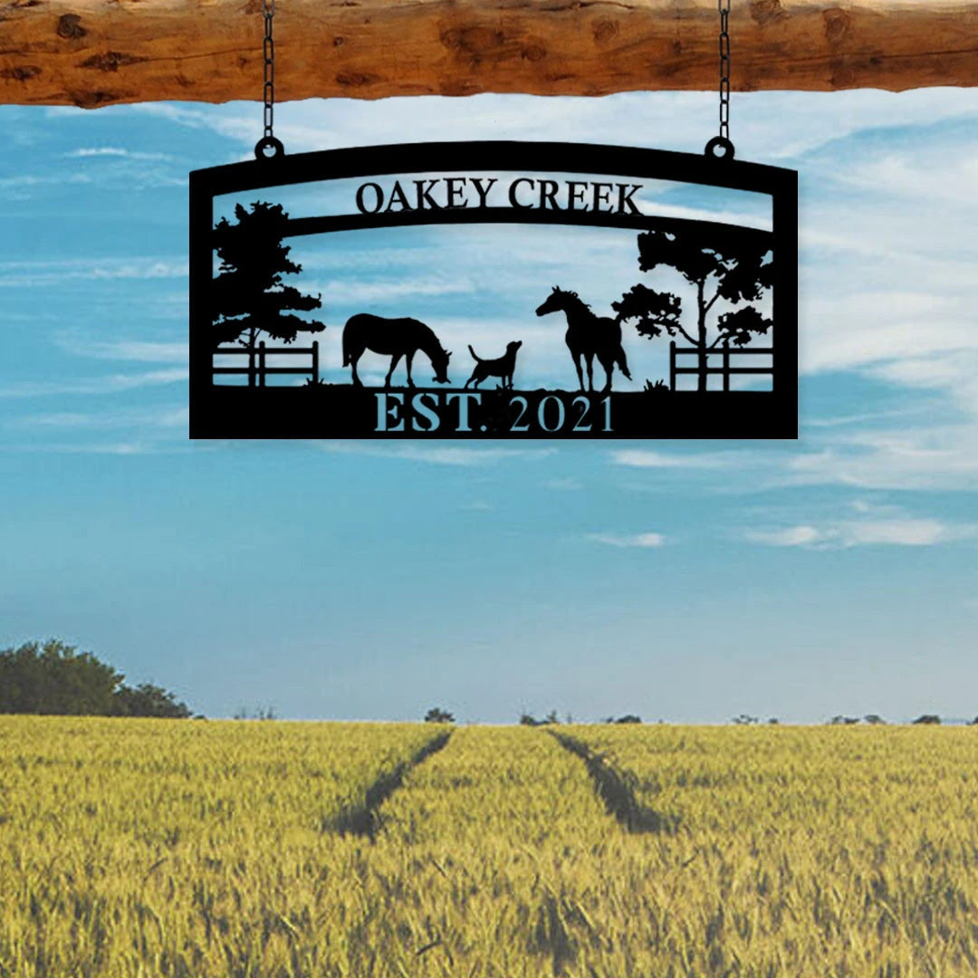 Personalized Metal Horse Dog Sign Monogram Custom Outdoor Farm Farmhouse Ranch Stable Acres Wall Decor Art Gift