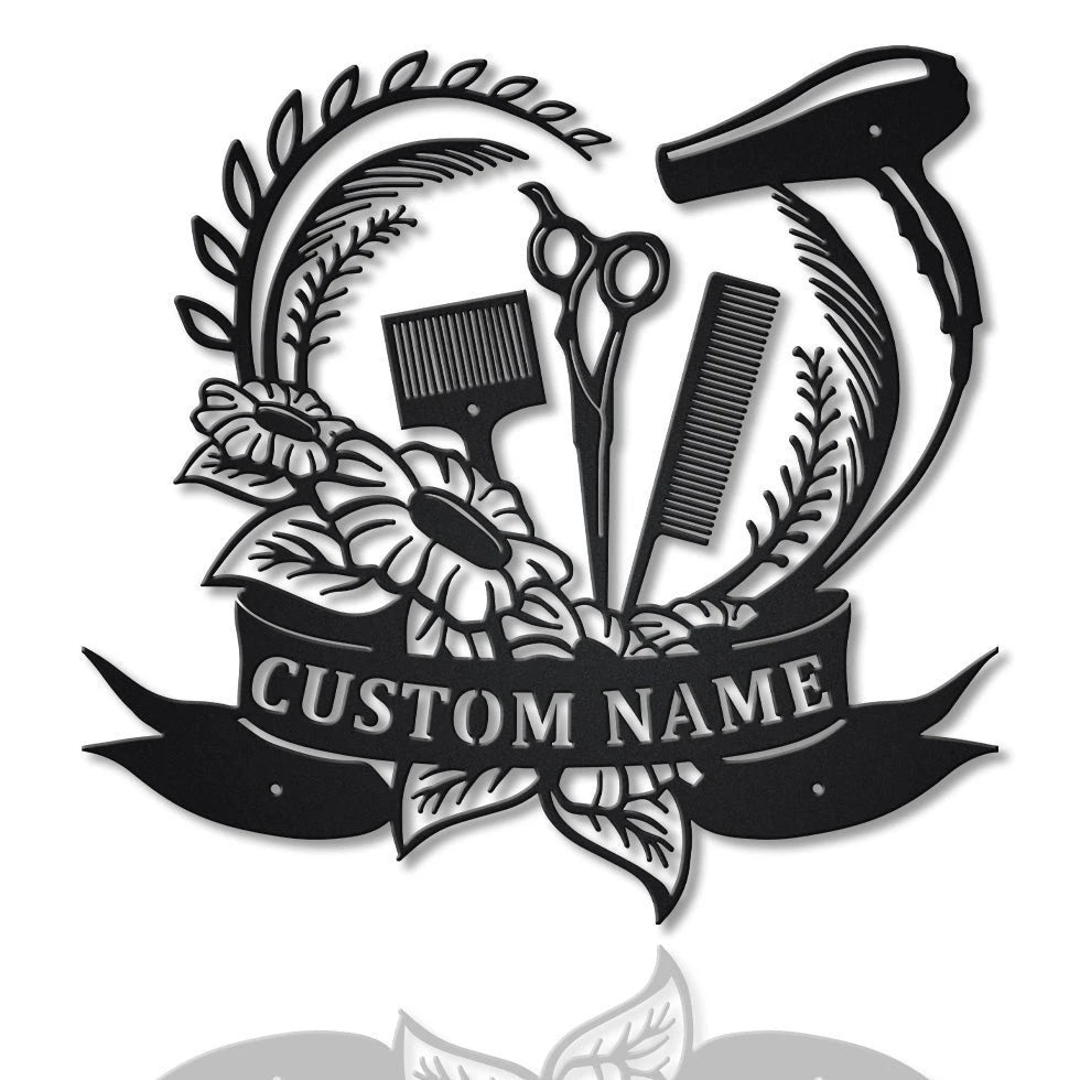 Floral Hair Dryer Hair Stylist Personalized Metal House Sign