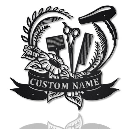 Floral Hair Dryer Hair Stylist Personalized Metal House Sign