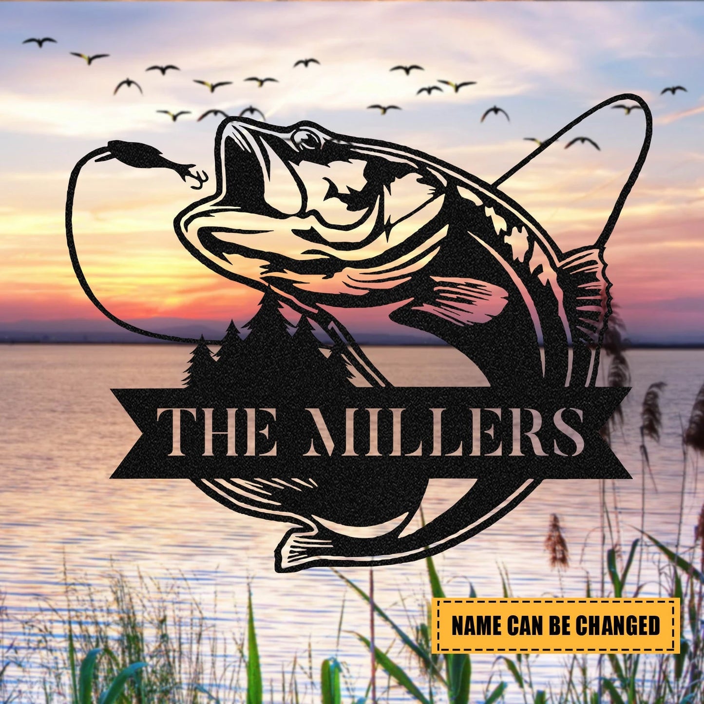 Personalized Name Bass Fish Fishing Metal Sign Monogram, Custom Outdoor Cabin, Wall Decor, Wedding Art Gift For Fisherman, Metal Laser Cut Metal Signs Custom Gift Ideas