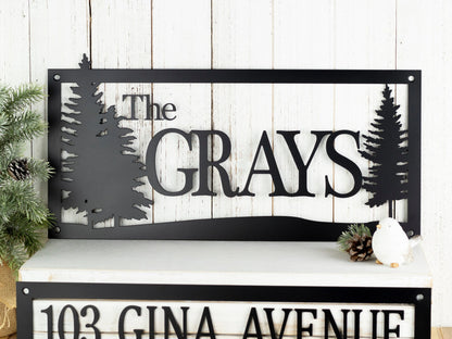 2Pcs Custom Name And Address Metal Sign, Pine Trees, Outdoor Sign, Metal Wall Art, House Number Laser Cut Metal Signs