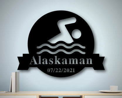 Personalized Metal Swimmer Sign, Family Name Metal Sign, Metal Triathlete Sign, Custom Last Name Sign, Personalized Metal Wall Decor, Laser Cut Metal Signs Custom Gift Ideas