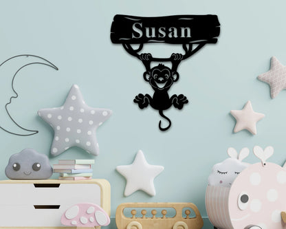 Name Sign, Monkey Kids Room Sign, Monkey Room Gift Decor, Personalized Metal Sign, Metal Name Monkey Boys, Kids Name Sign Gift Birthday Idea, Metal Laser Cut Metal Signs Custom Gift Ideas