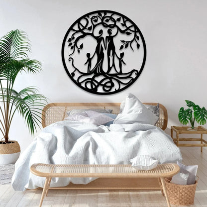 Mother, Father And Two Kids Tree Of Life Metal Art, Steel Wall Decor Laser Cut Metal Signs Custom Gift Ideas