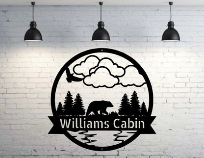 Personalized Bear Metal Sign, Bear In Woods Cabin Sign, Family Name Black Bear Sign, Personalized Bear Sign, Laser Cut Metal Signs Custom Gift Ideas