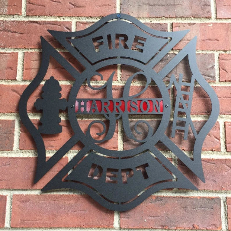 Firefighter Metal Maltese Cross W Ladder, Custom Metal Fire Department Sign Monogram Door Hanger, Firefighter Gift, Laser Cut Metal Signs Custom Gift Ideas