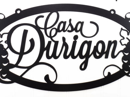Custom Family Name Metal Sign With Grapes And Grapevines Black, Metal Wall Art, Personalized Sign, House Sign, Laser Cut Metal Signs Custom Gift Ideas