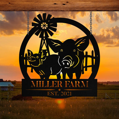 Metal Farm Sign Pig Windmill Monogram, Custom Outdoor Entry Road, Wall Decor Art Gift, Metal Laser Cut Metal Signs Custom Gift Ideas