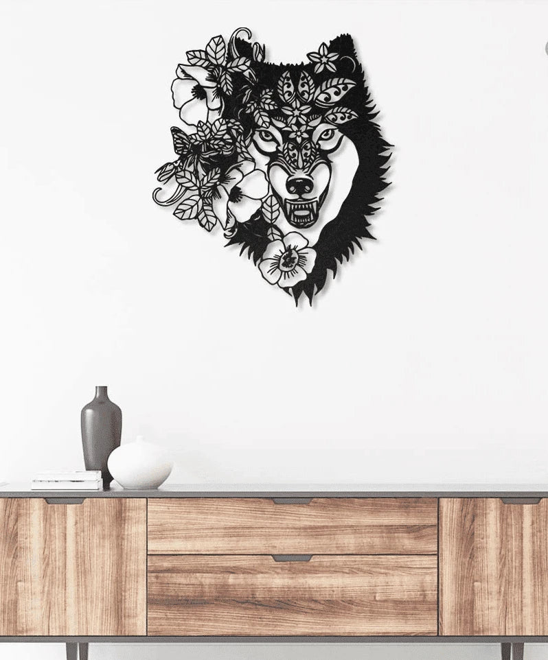 Howling Wolf Floral Metal House Sign